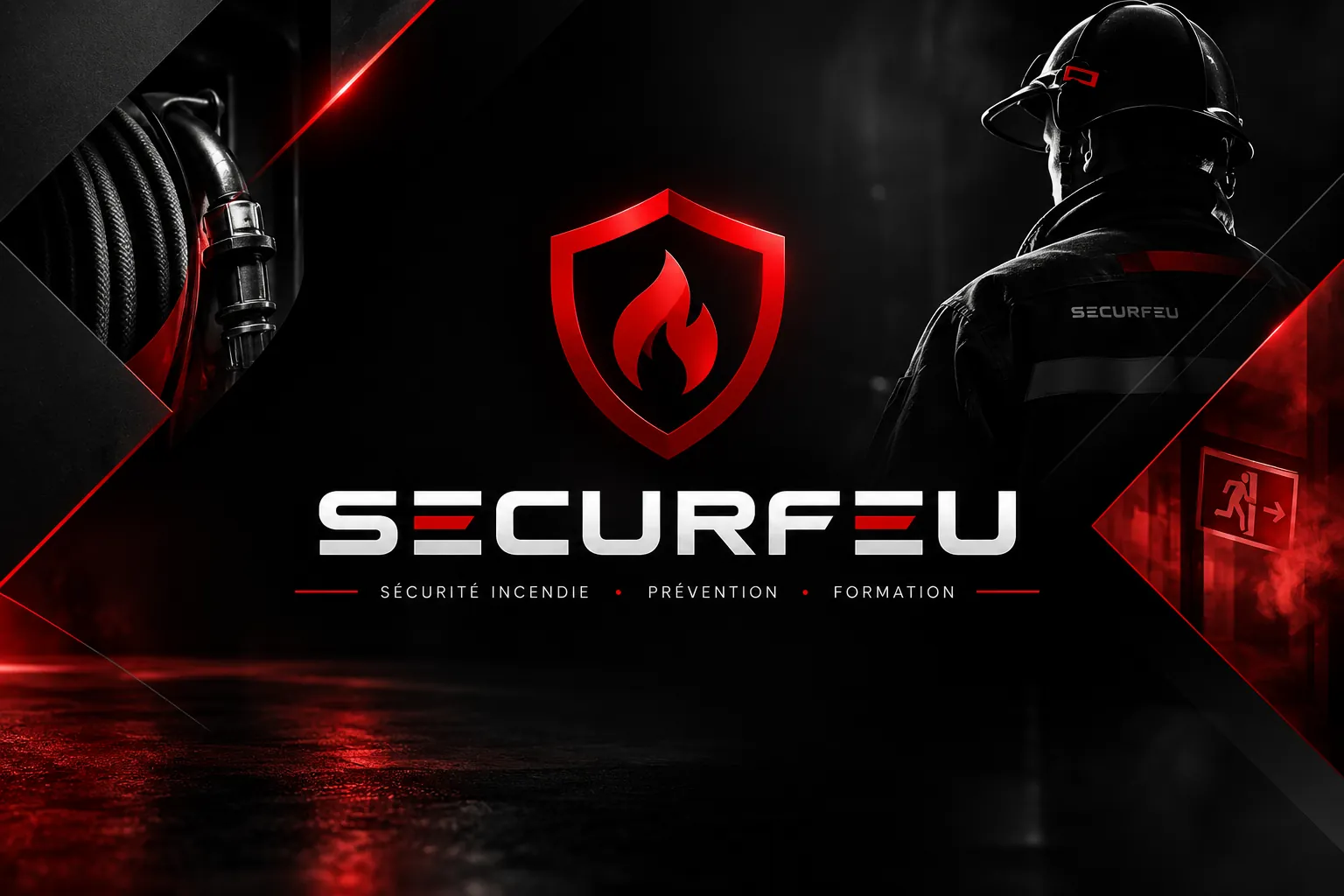 Visuel SECURFEU — professionnel de la sécurité incendie, bouclier et flamme